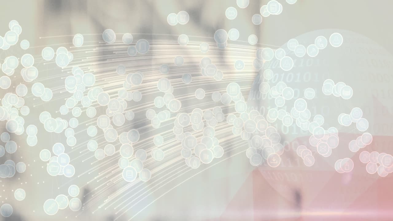 흐릿한 배경 위에 디지털 아이콘이 있는 지구의 애니메이션