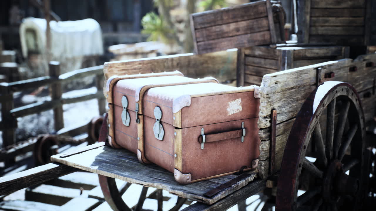 maleta de época en un carro de madera