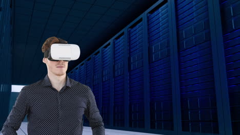 animación de un hombre con auriculares vr sobre la sala del servidor