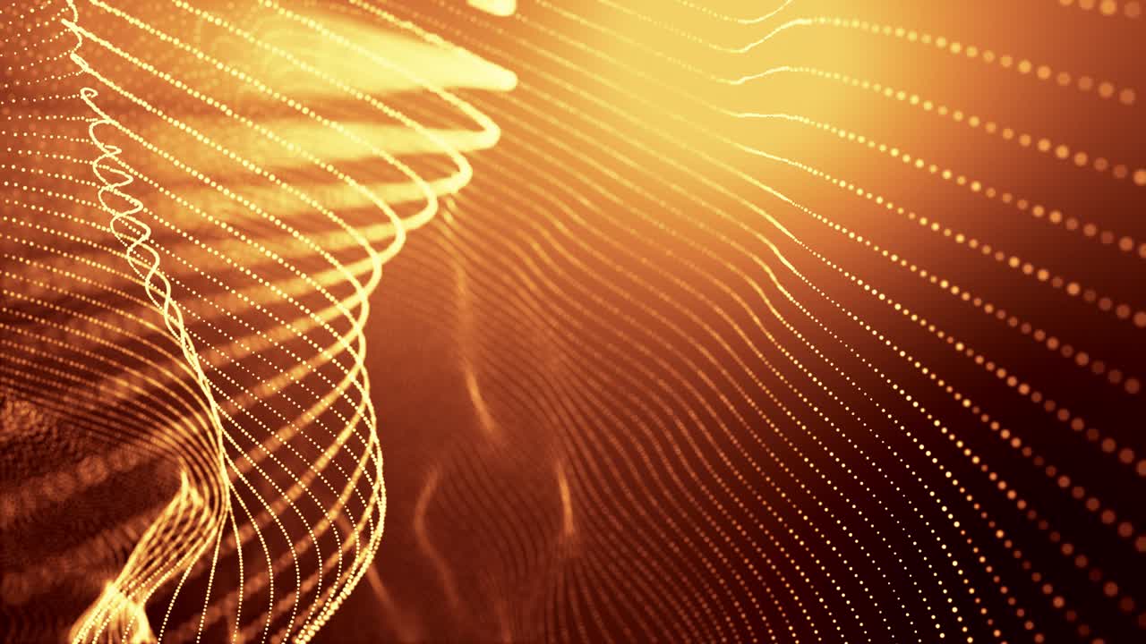 4k looped abstract background of gold glow particles form lines ...