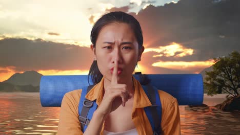 mujer viajera pidiendo silencio al atardecer