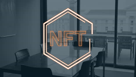 animación de texto nft y procesamiento de datos en la oficina.