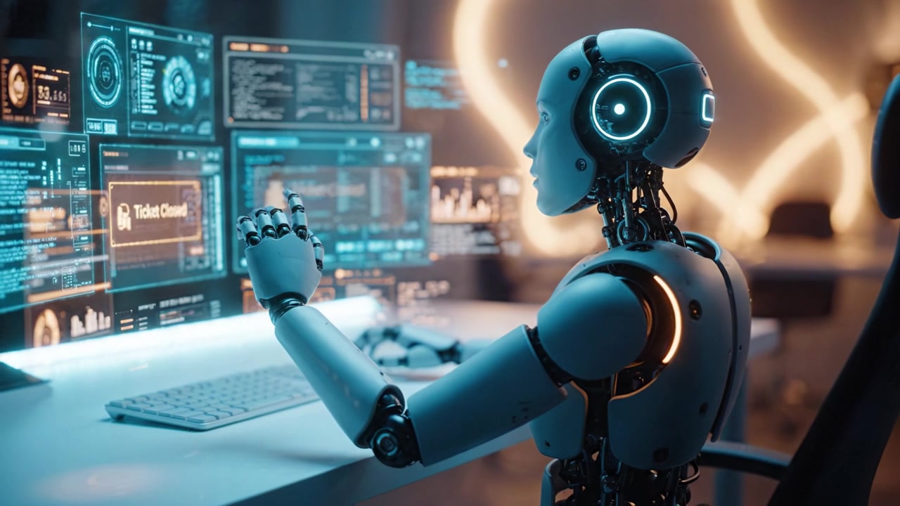 A sleek humanoid robot engaged in data processing and analytics, interacting with futuristic holographic screens displaying real-time information in a modern workspace.