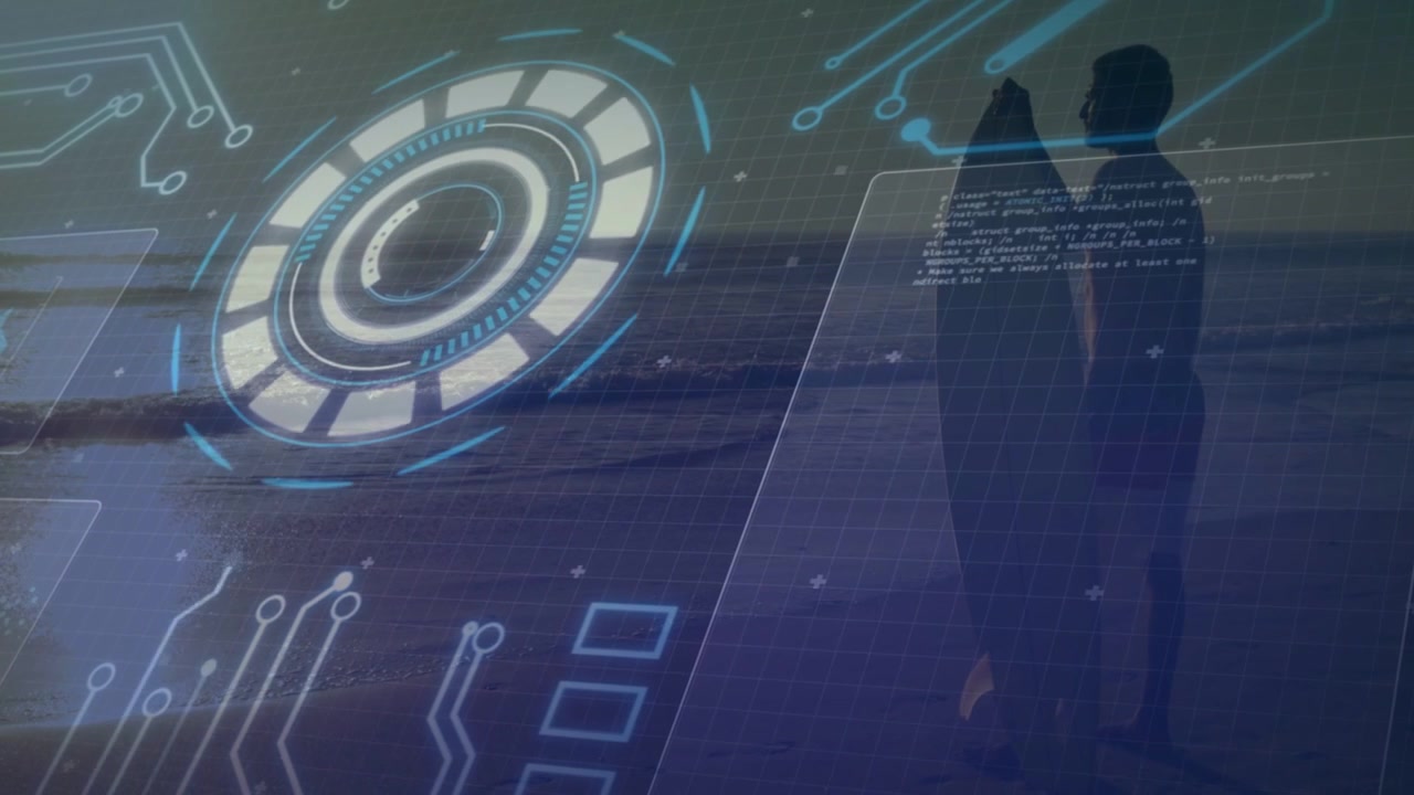 Male surfer at shoreline sequence starting AR booting pulsing HUD and growing code panel covering