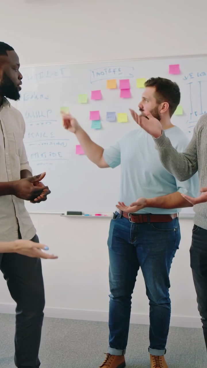 Vertical video: Prompted by post-its, three men in casual shirts talking, planning sprint at board