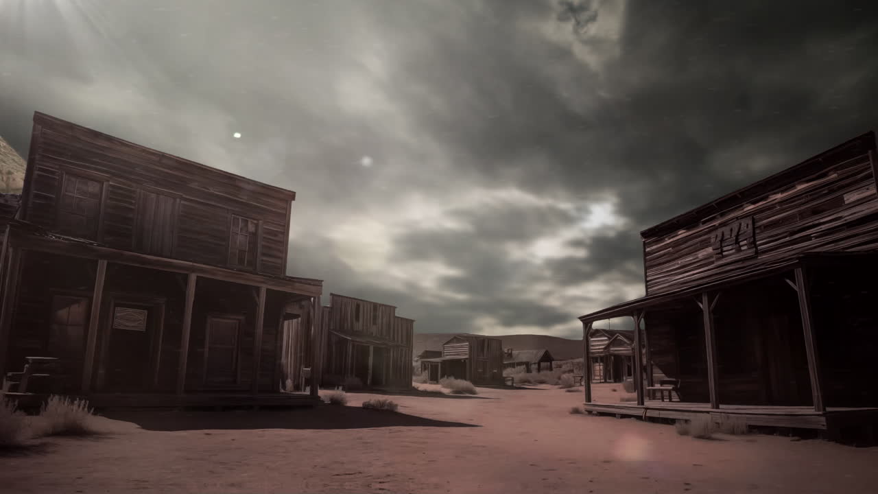 En forladt western cowboy pioner spøgelsesby timelapse med rullende stormskyer i ørkenanimation.