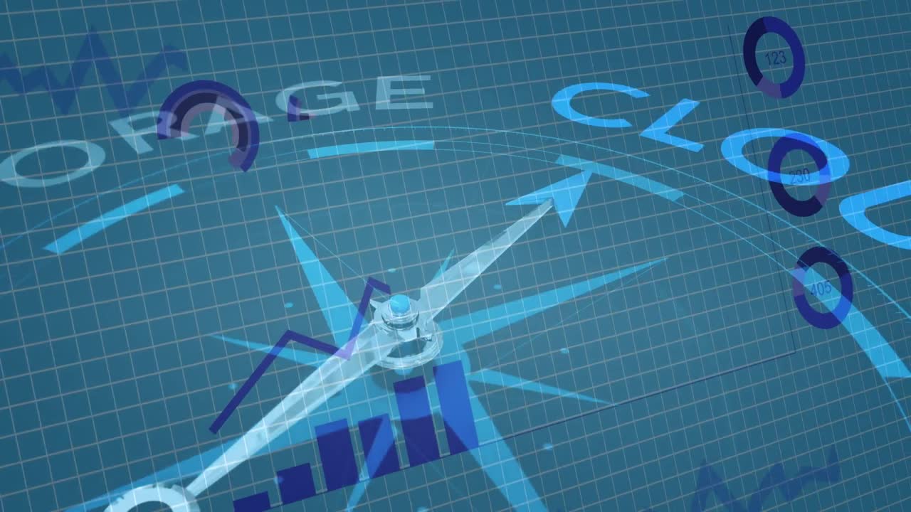 저장소에서 클라우드 텍스트로 이동하는 바늘과 함께 나침반 위의 통계 및 데이터의 애니메이션