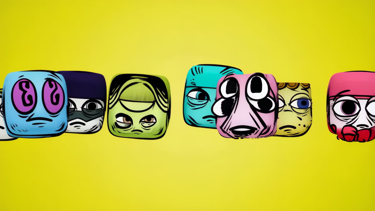 Collection of Quirky Cartoon Faces on a Yellow Background