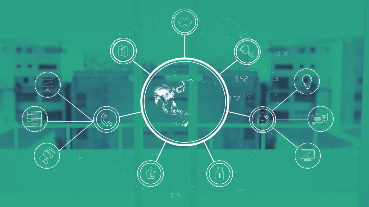 디지털 애니메이션은 아이콘과 데이터 처리로 글로벌 네트워크 기술을 보여줍니다.