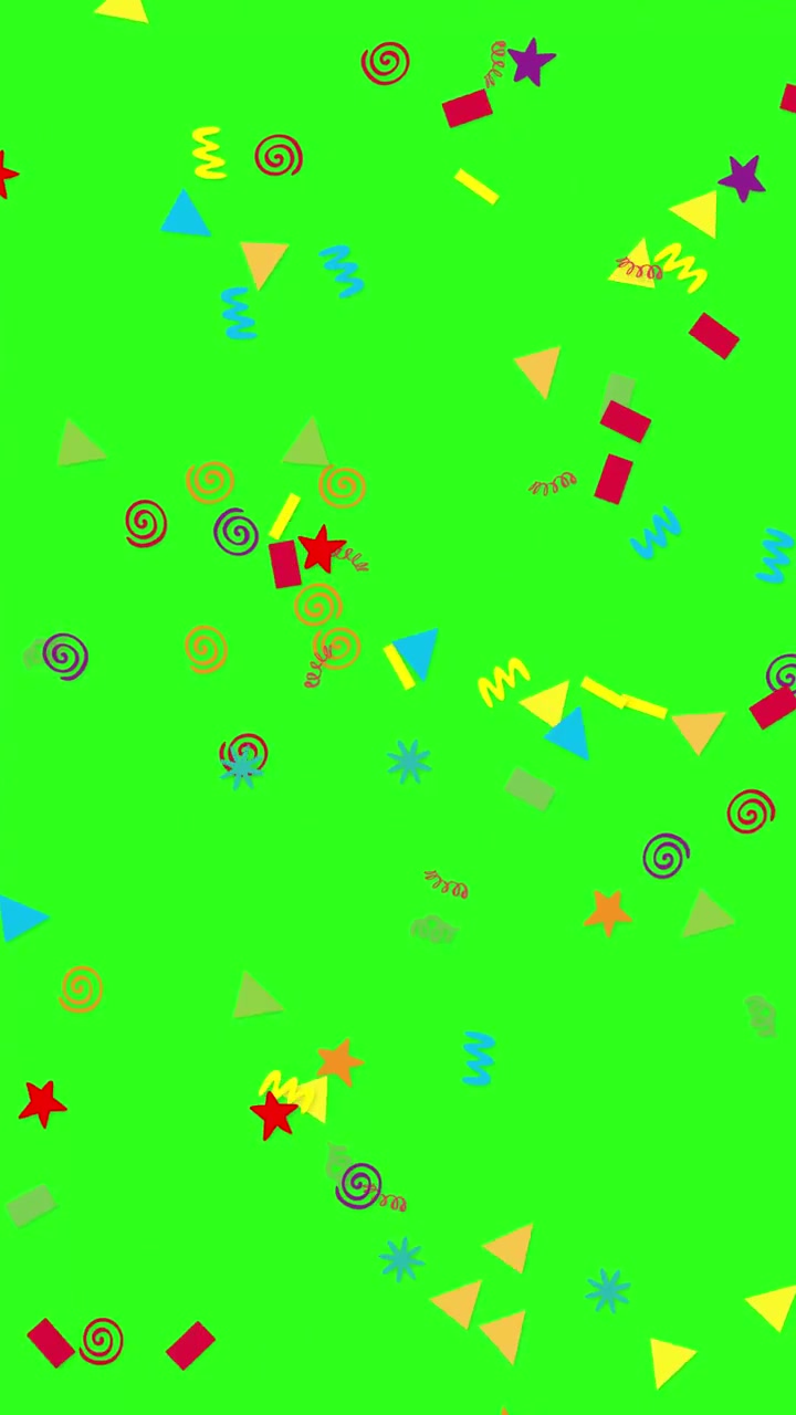 Forme geometriche vivaci e stelle esplodono e fluttuano su uno sfondo verde brillante