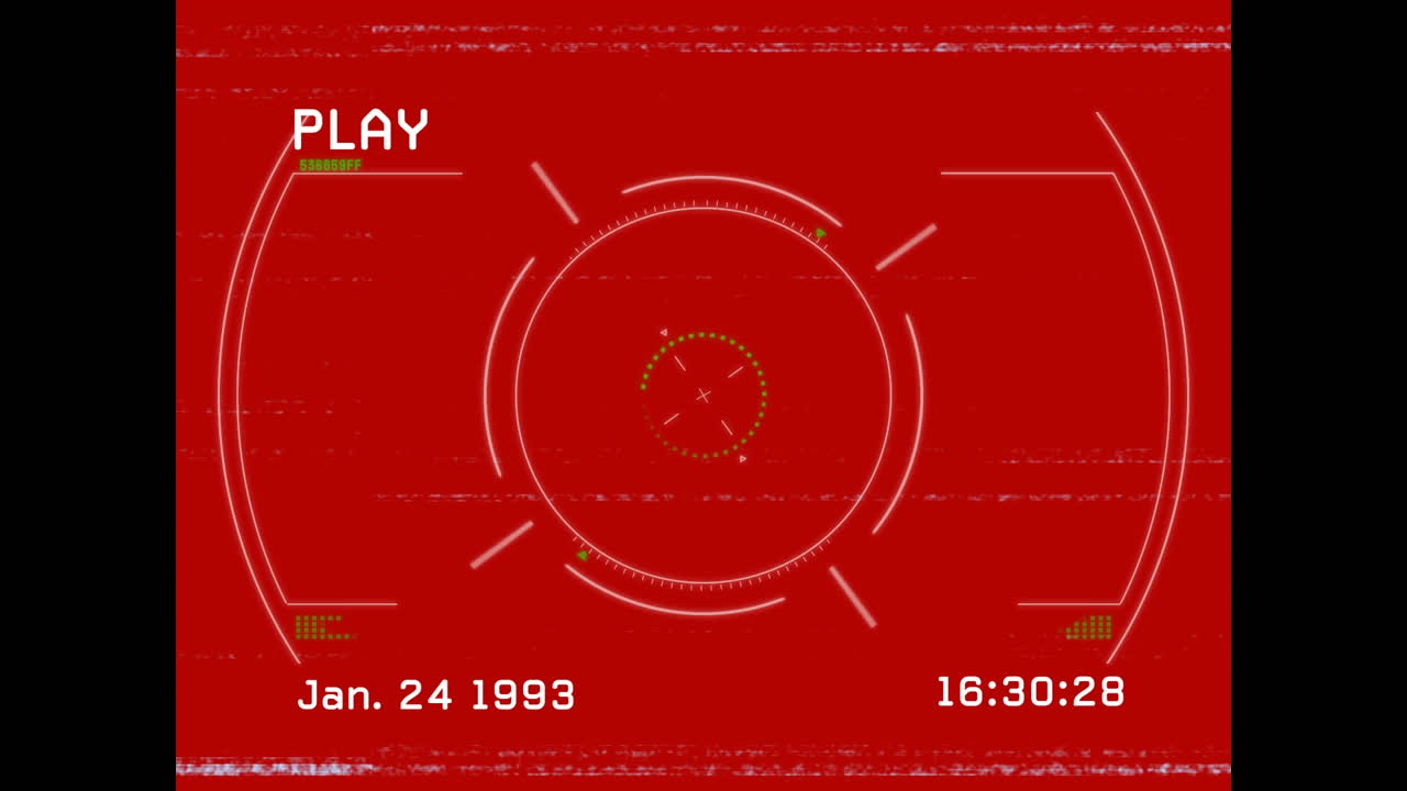 animación del texto de la interfaz digital de reproducción con glitch y alcance en fondo rojo