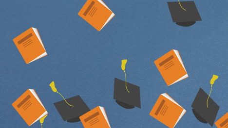 animación de cuadernos y sombreros de graduación que caen sobre un fondo azul