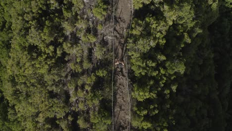 top down drone shot of the landscape at caminho do pinaculo e foldhadal in madeira with a fit and strong man walking on the rocky path on the top