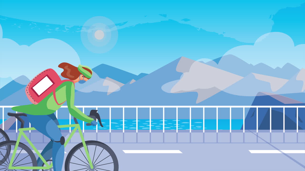 도로에서 자전거를 타고 배달 서비스 노동자 애니메이션