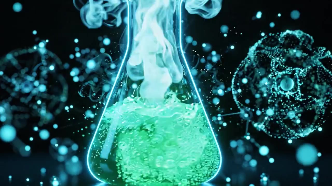 Un Viaje Cautivador a Través de la Química: Un Matraz de Laboratorio Brillante Transforma Líquido de Transparente a Verde Luminoso, Envuelto por Partículas Misteriosas en un Espacio Oscurecido