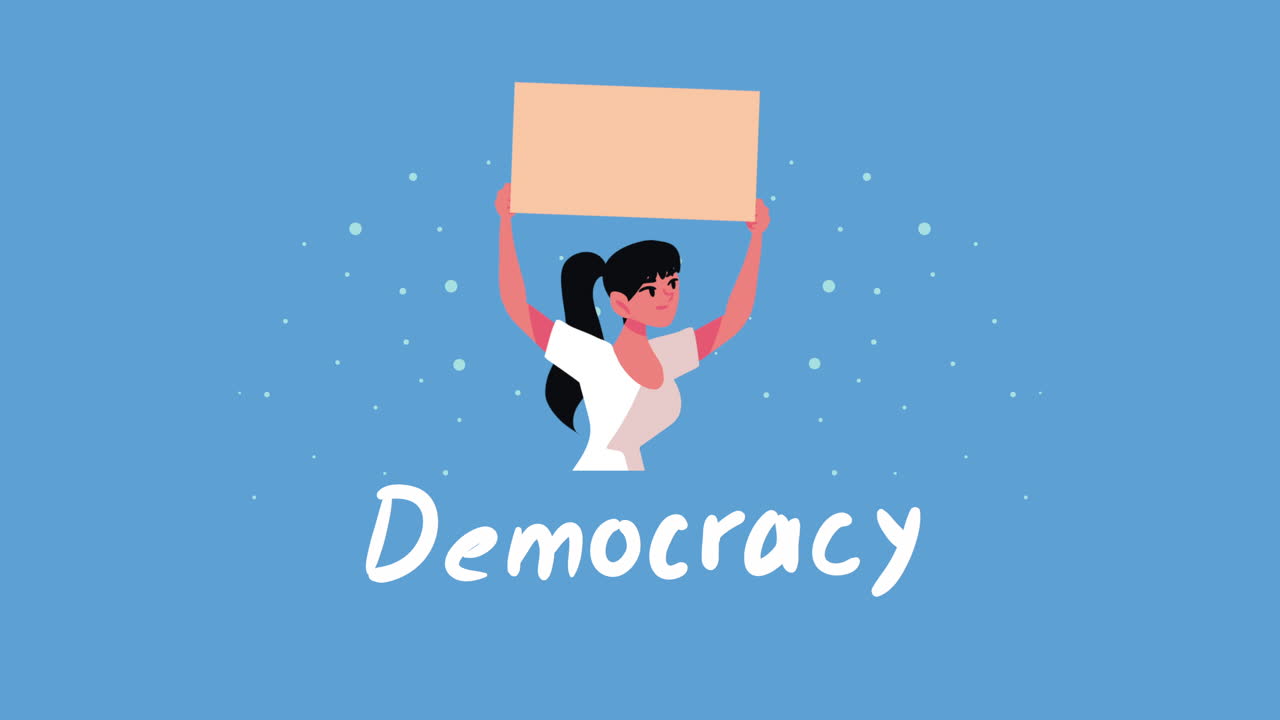democracy lettering with woman animation