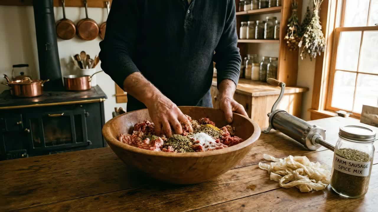 Fabricação caseira de linguiça em uma cozinha rústica