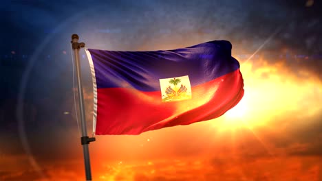 la bandera de haití iluminada en la hermosa salida del sol en movimiento lento 4k