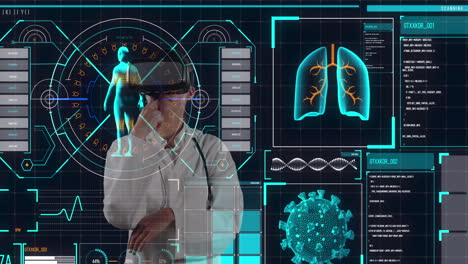 digital interface with medical data processing against female doctor using vr headset