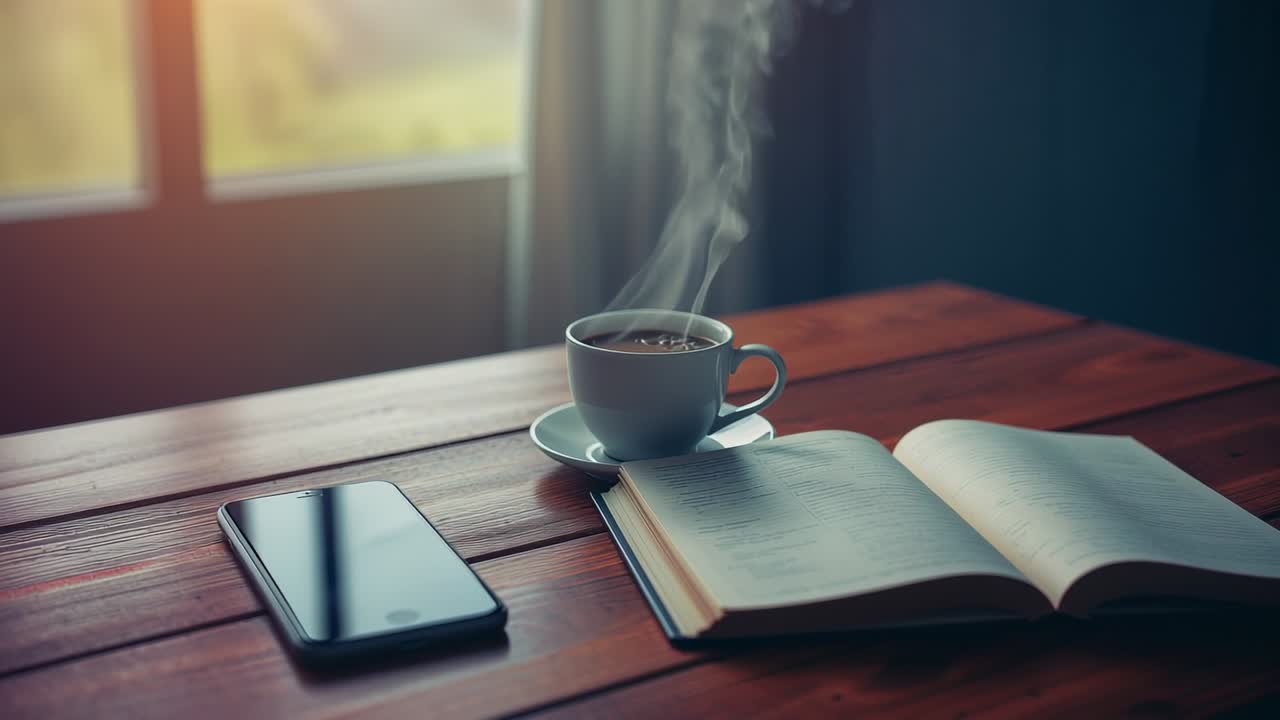 Releasing steam from coffee cup and saucer on wooden table beside window, smartphone, open book