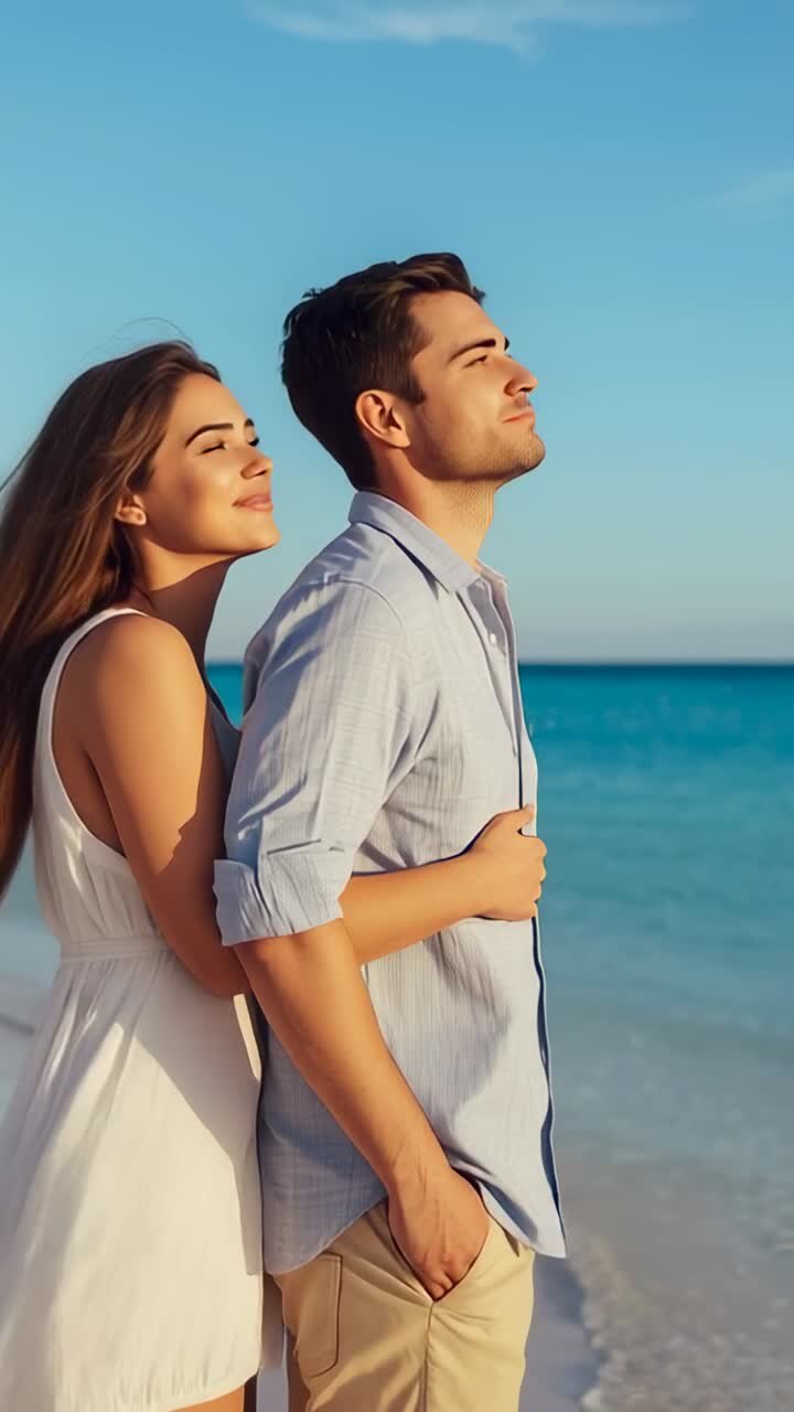 Vertical video: Walking woman sliding arms around partner on shore inhaling breeze in white dress