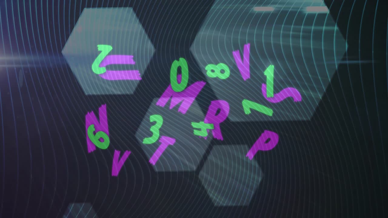 Animation of changing green numbers and purple letters over grey hexagons and dark background