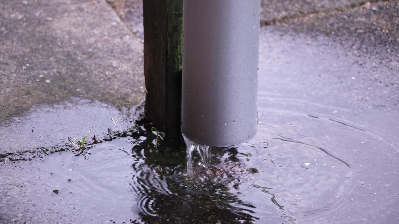 Rain running through pipe, then flows out onto tiles.