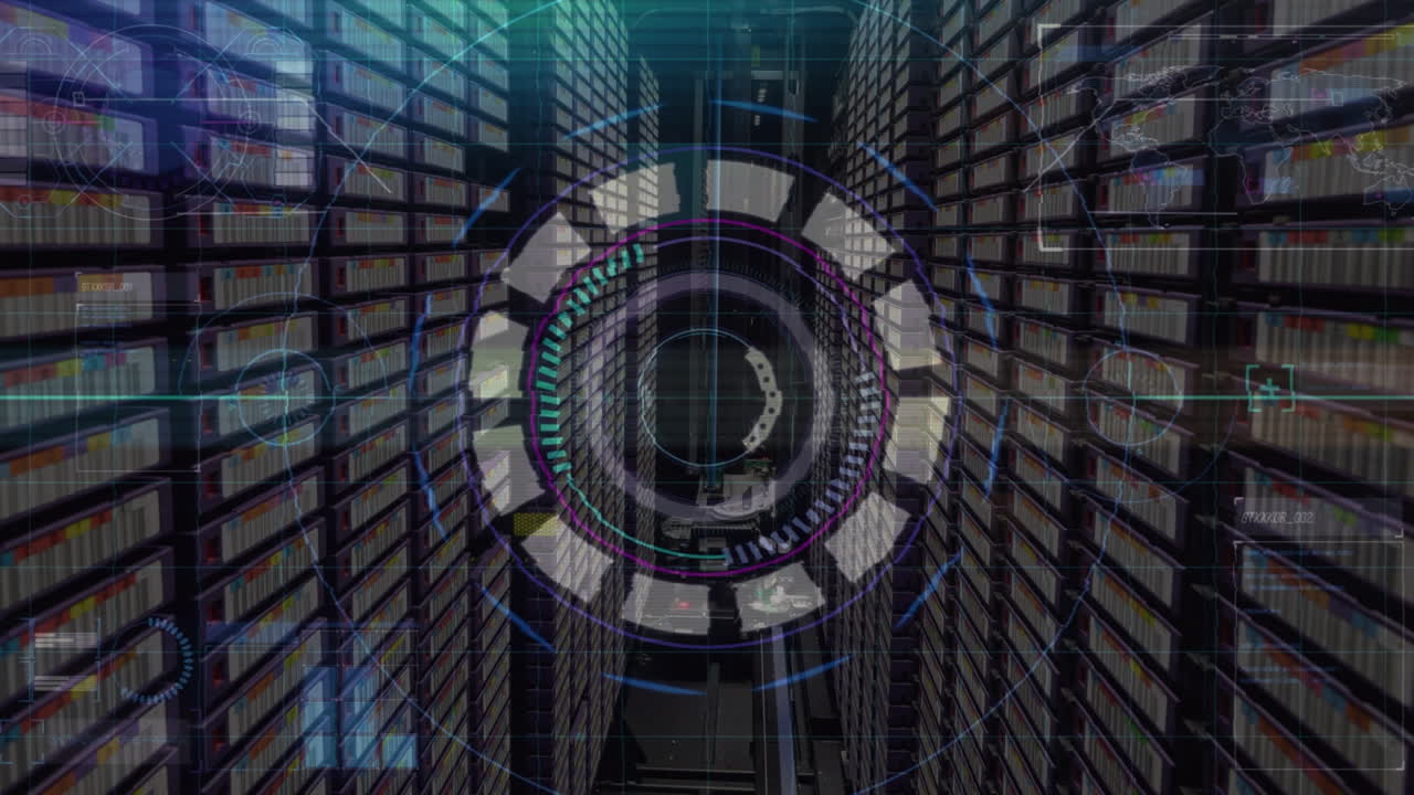 Animation of data processing and scope scanning over server room