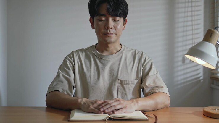 Uomo asiatico con maglietta beige che apre gli occhi e un taccuino a casa, preparandosi per scrivere un diario