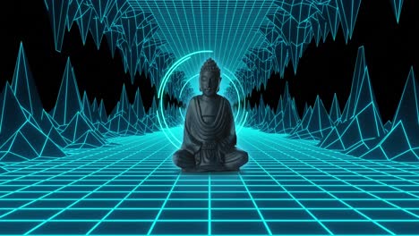 animation of buddha sculpture over neon tunnel metaverse background