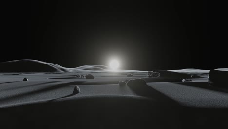 animación en 3d de la superficie lunar en el polo sur con el sol bajo en el horizonte