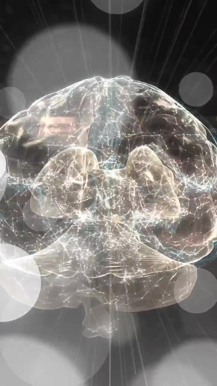 Animazione di cervello digitale con connessioni luminose su cerchi di luce astratti
