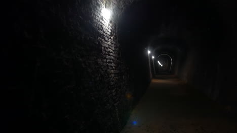 a dark tunnel with brick walls extends into the distance, illuminated by a series of lights mounted along one side. a mysterious and slightly foreboding atmosphere