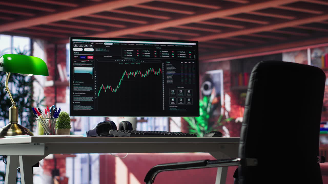 Video verticale. Moderna configurazione di trading con monitor che mostra le tendenze del forex in aumento.