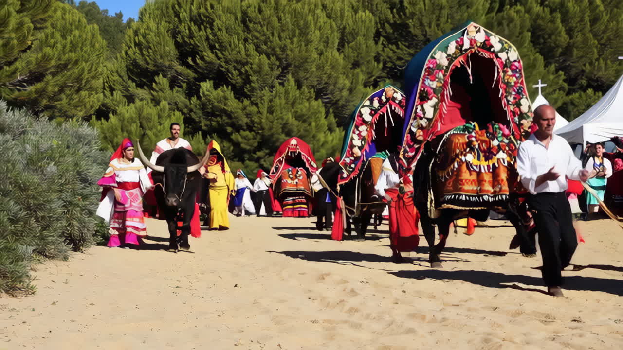 A Vibrant Cultural Festival with People in Traditional Attire and Oxen Procession