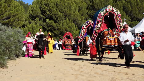 a vibrant cultural festival with people in traditional attire and oxen procession