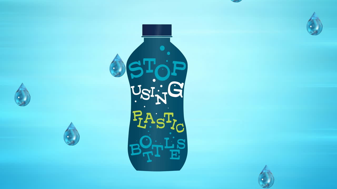 animación de dejar de usar texto de plástico en la botella, con gotas que caen sobre un fondo azul