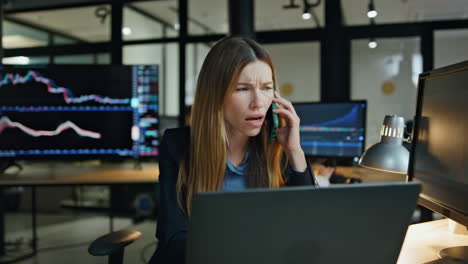 Frustrated-worker-talking-smartphone-in-dark-office.-Unhappy-businesswoman-argue