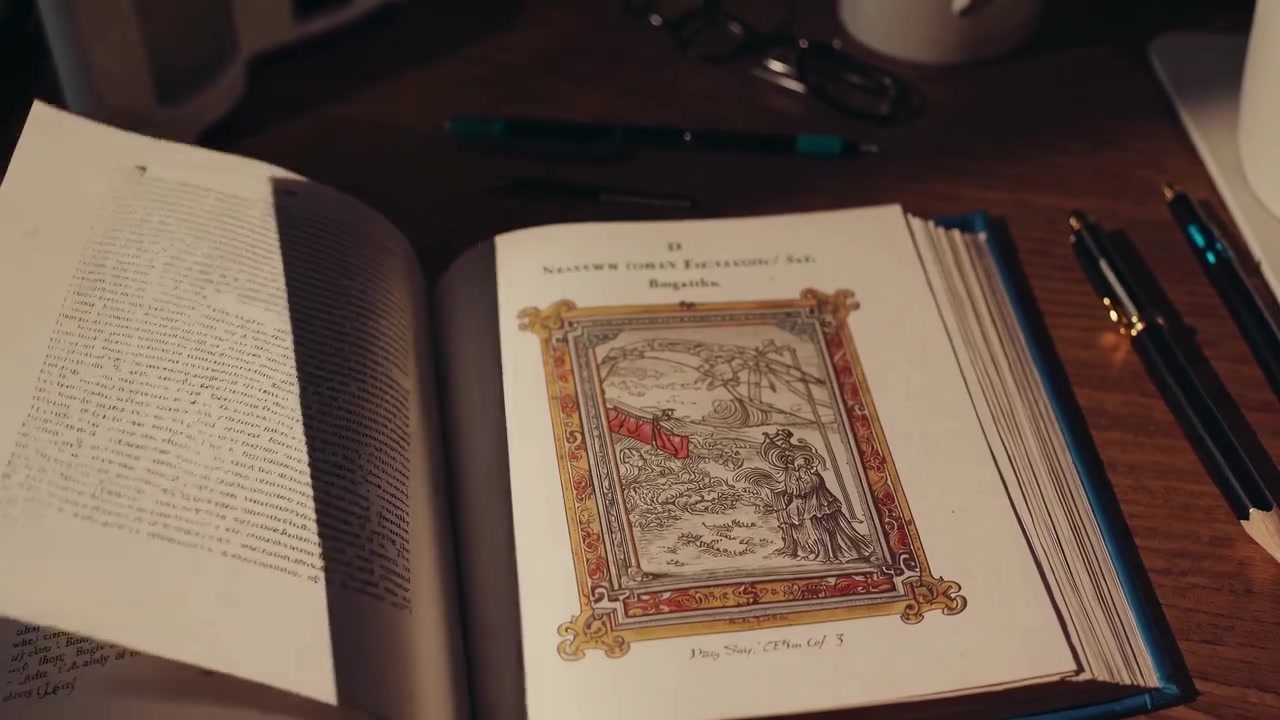 Raskt blar i sidene av en gammel illustrert bok på et skrivebord
