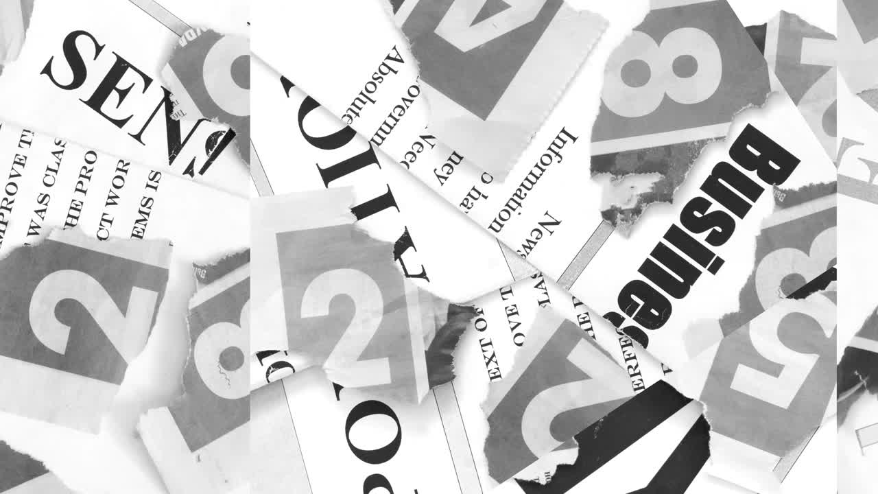 Animazione astratta di pagine di giornale con titoli, articoli e numeri strappate a pezzi e mostrate in ordine casuale