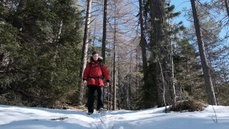 toma amplia baja del hombre despertando a través de un bosque nevado en cámara lenta