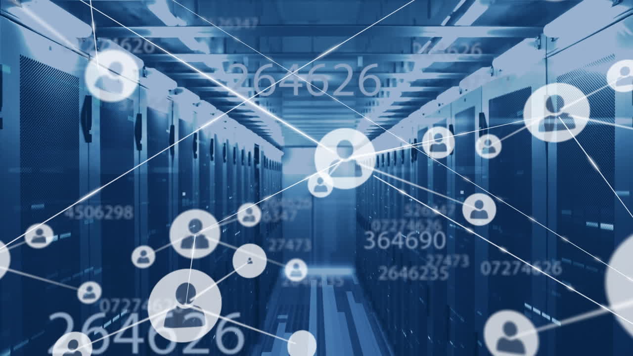Animation of network of connections with people icons and data over computer servers