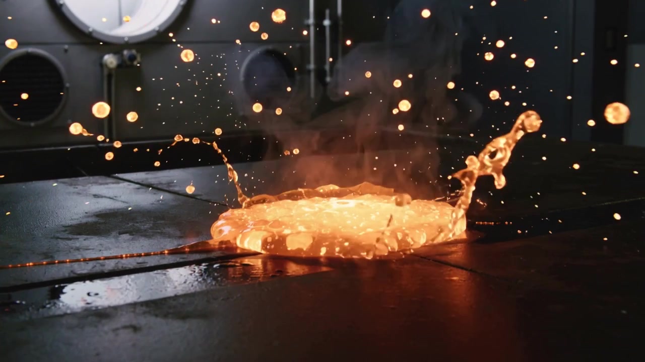 Pozza di metallo fuso che si deposita, producendo uno schizzo a forma di corona su una piastra metallica in una camera di prova, con vapore.