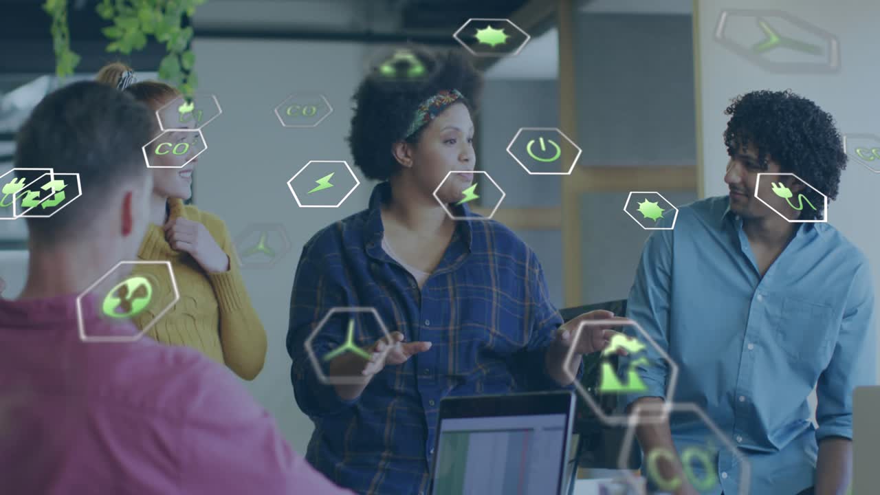 Animation of data processing and icons over business people in office