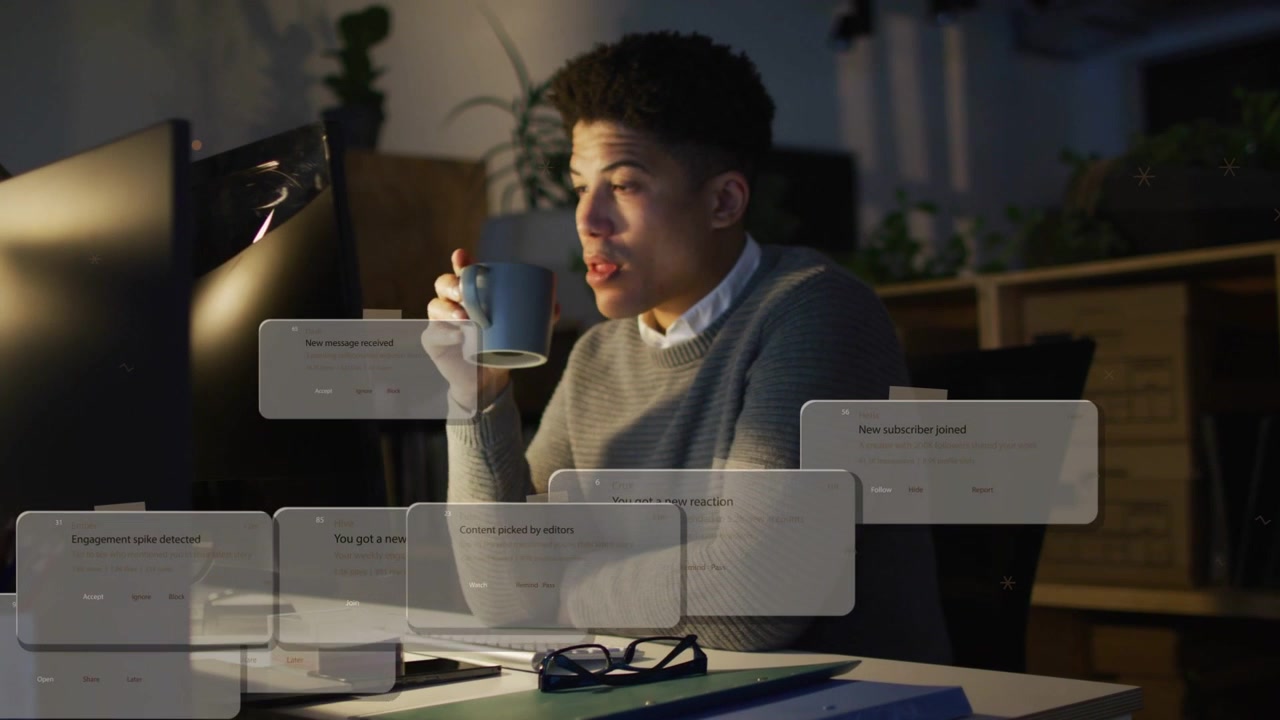 Business office worker receiving notifications, sipping mug and processing pop-ups on monitor