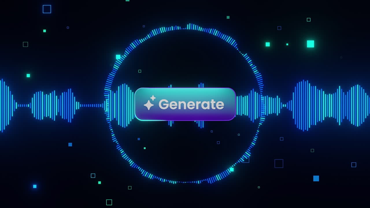 Glødende 'Generer'-knap centreret i en futuristisk lydbølgevisualisering, som repræsenterer AI-stemmegenerering, værktøjer til lydskabelse og intelligent lyddesign-automatisering i digitale systemer.