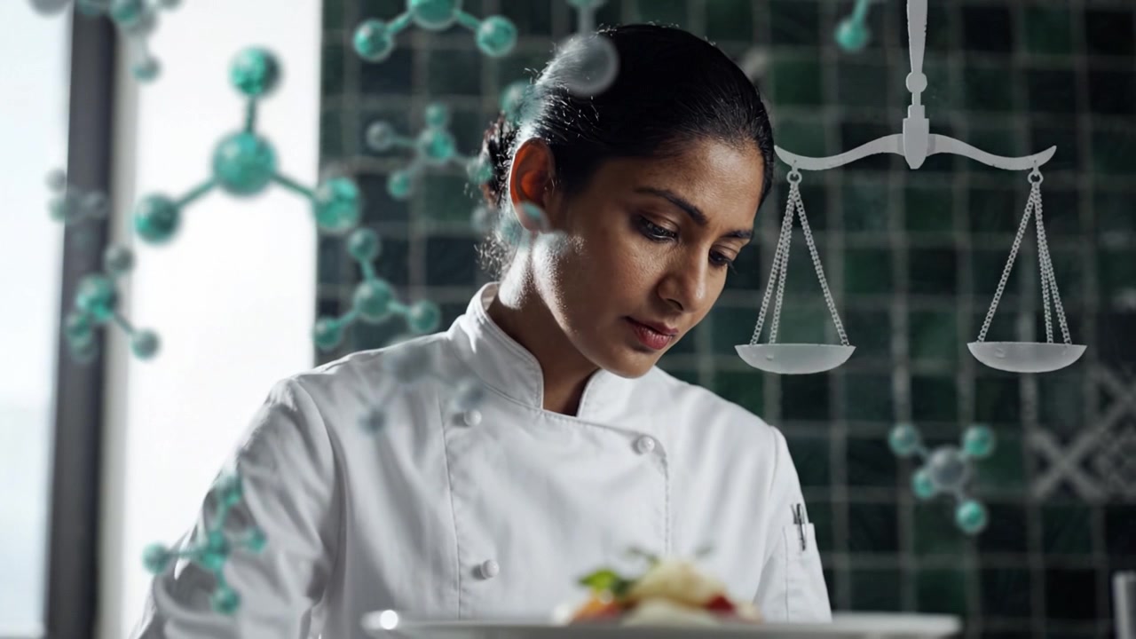 Uno Chef Dedicato in Primo Piano: Catturare l'Arte della Precisione e dell'Equilibrio Culinario in un Ambiente di Cucina Moderno, Sottolineando Creatività e Cura in Ogni Piatto