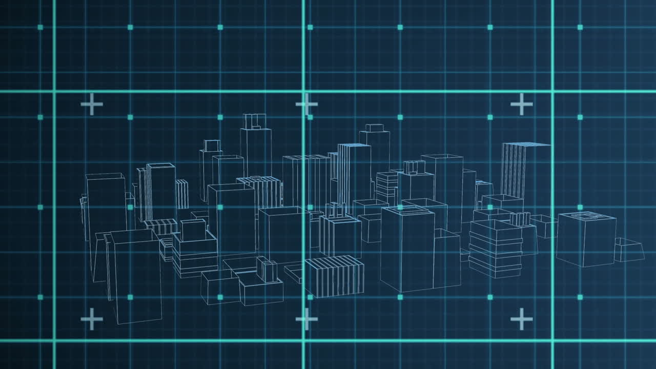 Digital animation of 3d city model spinning against grid network on blue background