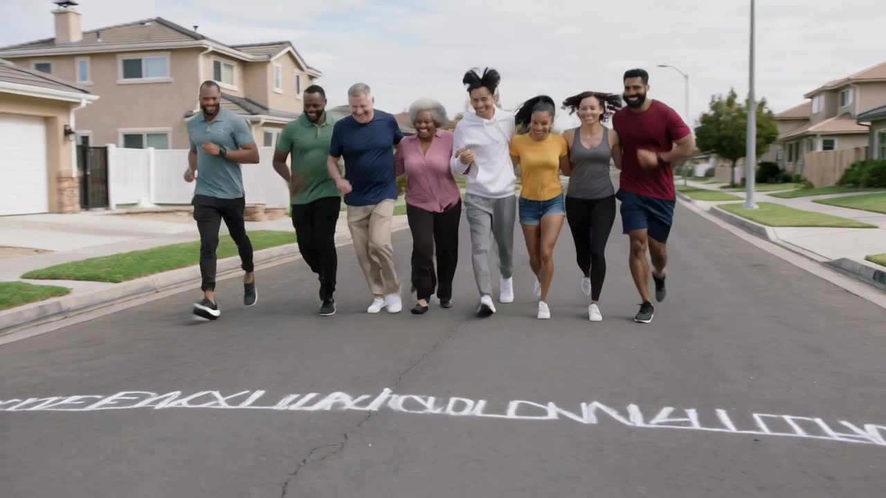 Appare una linea di gesso, un gruppo di otto persone in abbigliamento sportivo che attraversa una strada suburbana per una corsa di gruppo