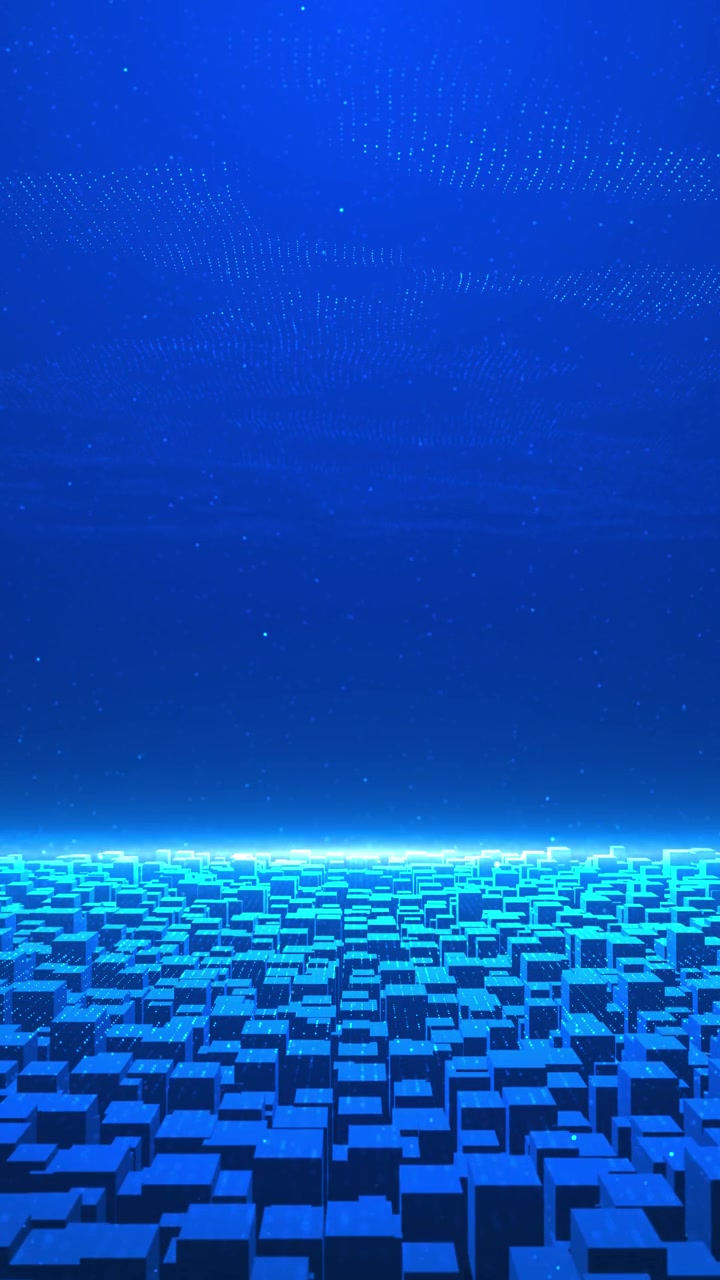 Blue digital smart city background with glowing block buildings dotted data sky futuristic grid